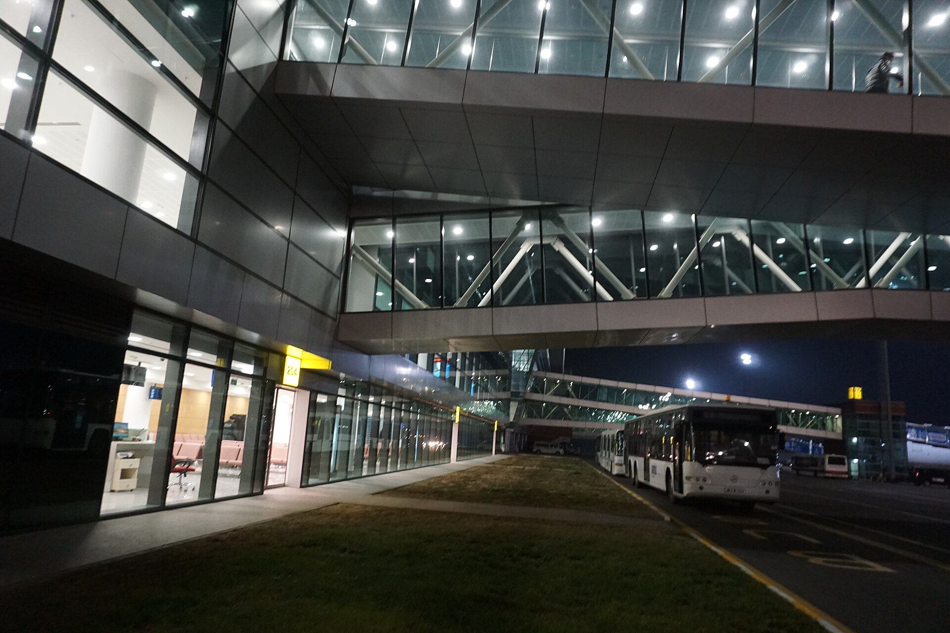 Exterior of an airport terminal at night