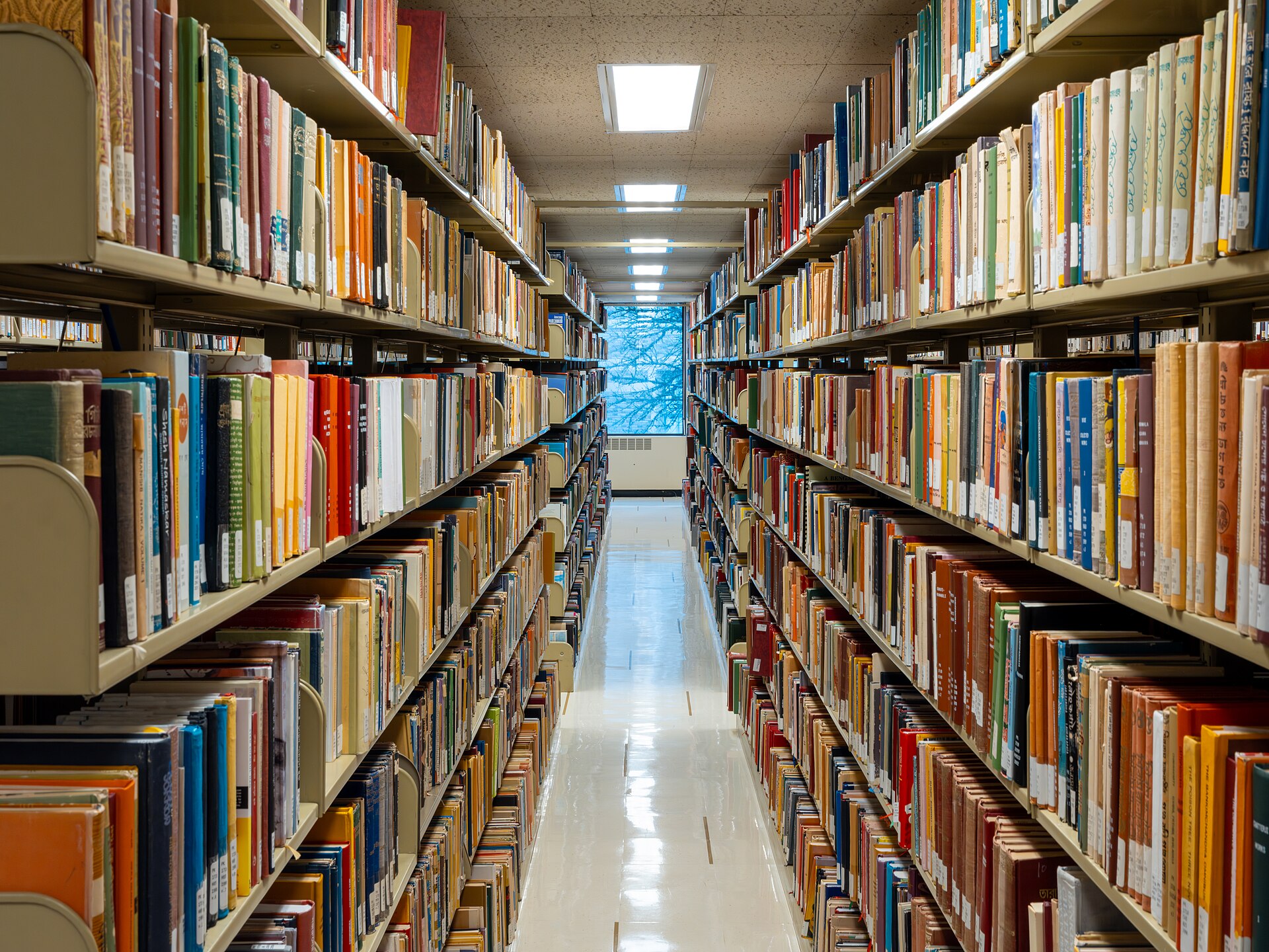 Library aisle with bookshelves