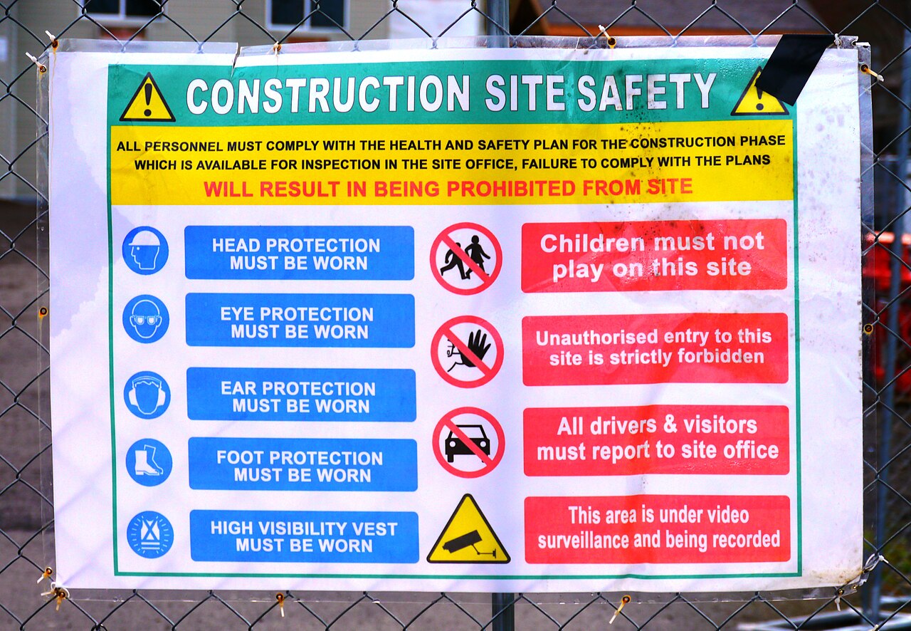 Construction site safety sign listing required protective equipment